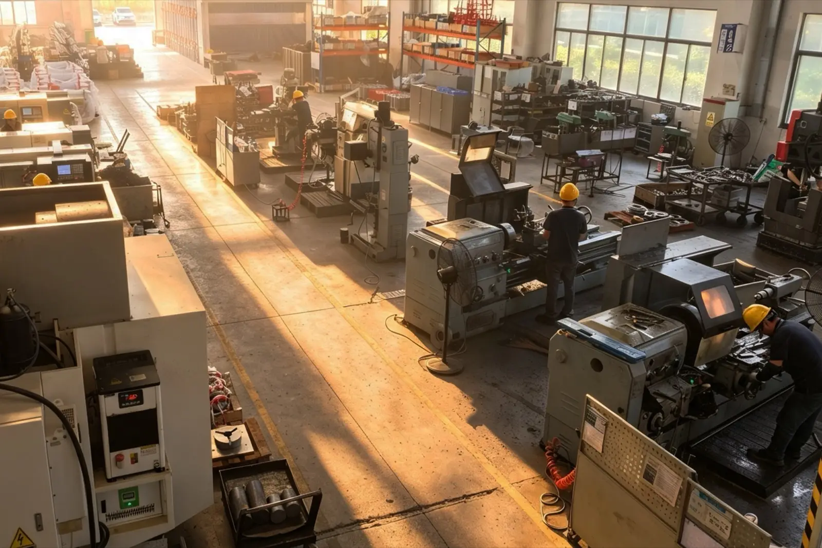 An overhead view of Oresome's machine shop, with lathes and CNC machines worked by staff in hard hats.