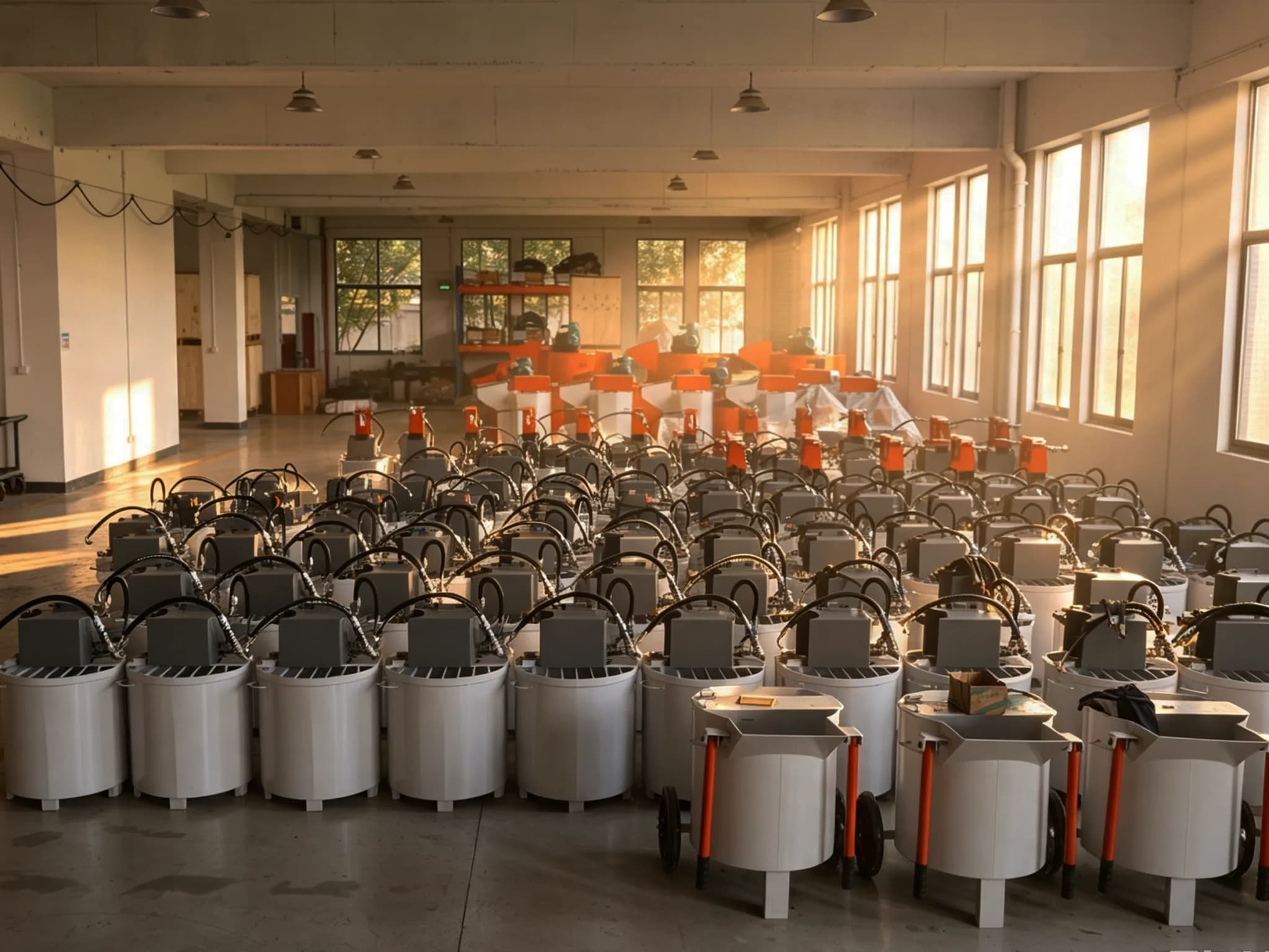 A factory hall holding rows of finished pneumatic and hydraulic grouting pumps and mixers, fully assembled and staged for dispatch.