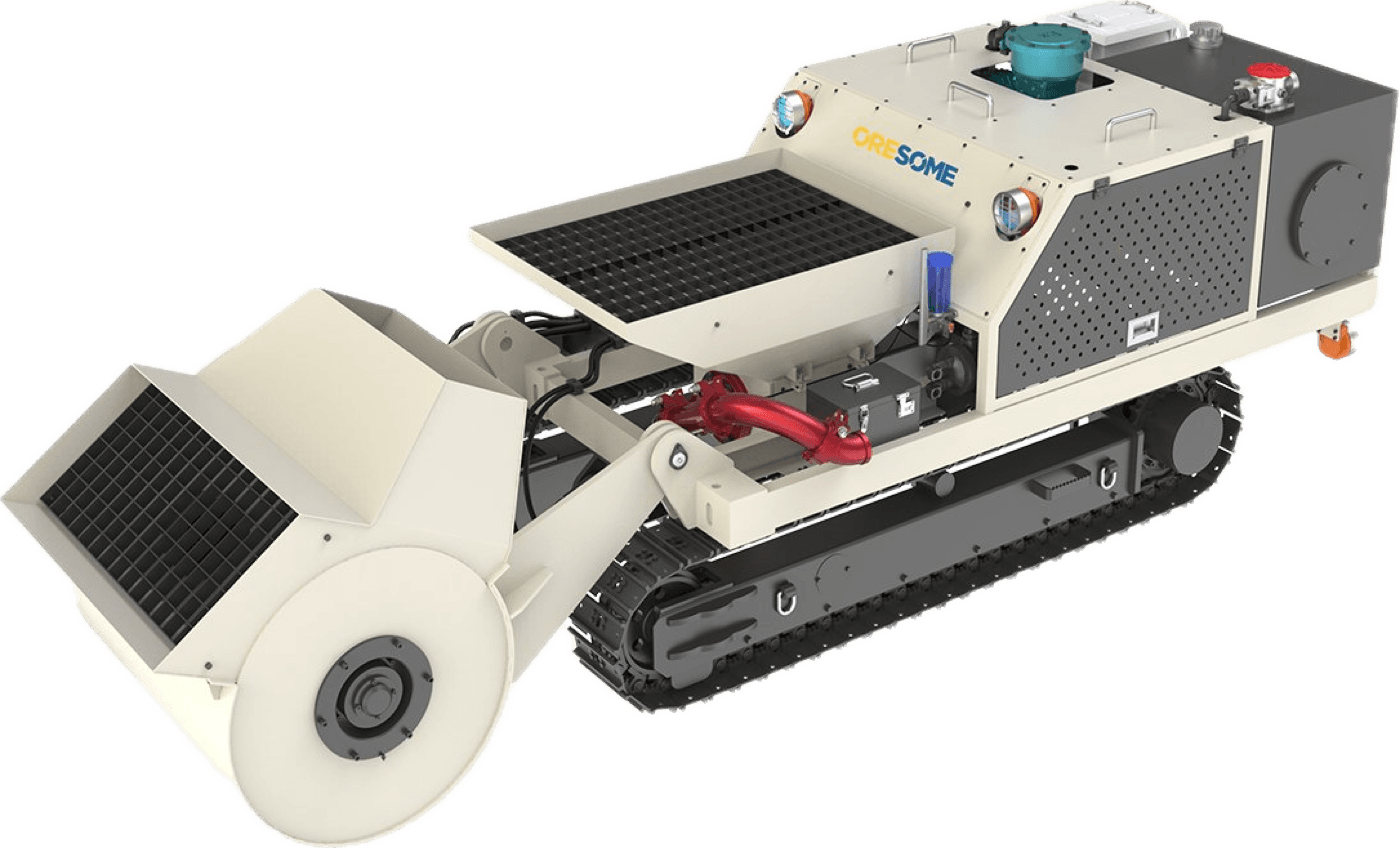 Cut-out photograph of a remote-control concrete mixing and pumping crawler: a tracked machine carrying a mixing drum and hopper, with the ORESOME wordmark on its side panel.