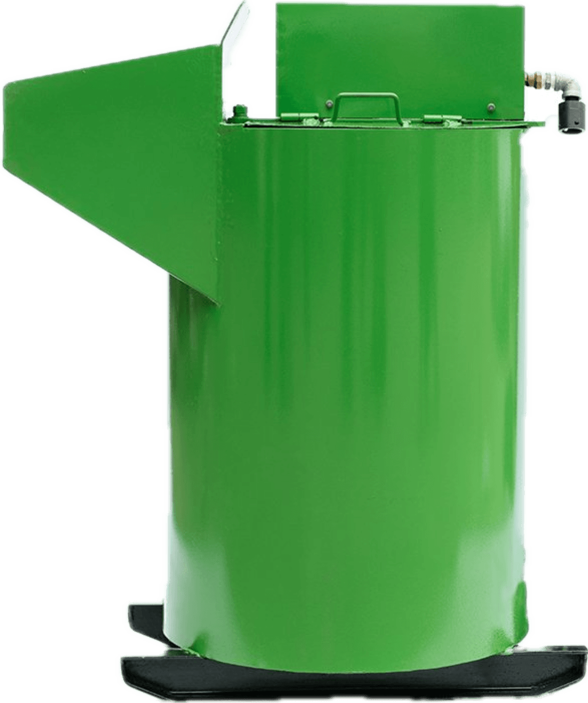 Cut-out photograph of a green cylindrical mixer with an angled feed chute and a mounted control valve at the top.